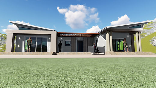 Front elevation of the 4-bedroom family home with pergola entrance and timber cladding